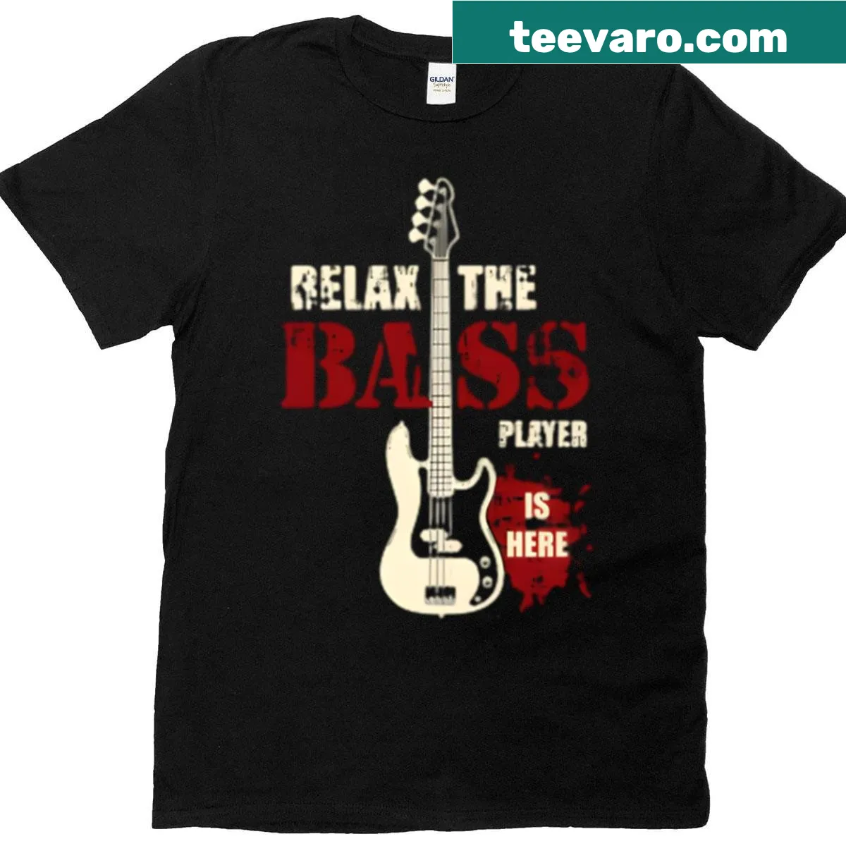 T-shirt with playful text design that reads 'Relax The Bass Player Is Here' — on a men's t-shirt