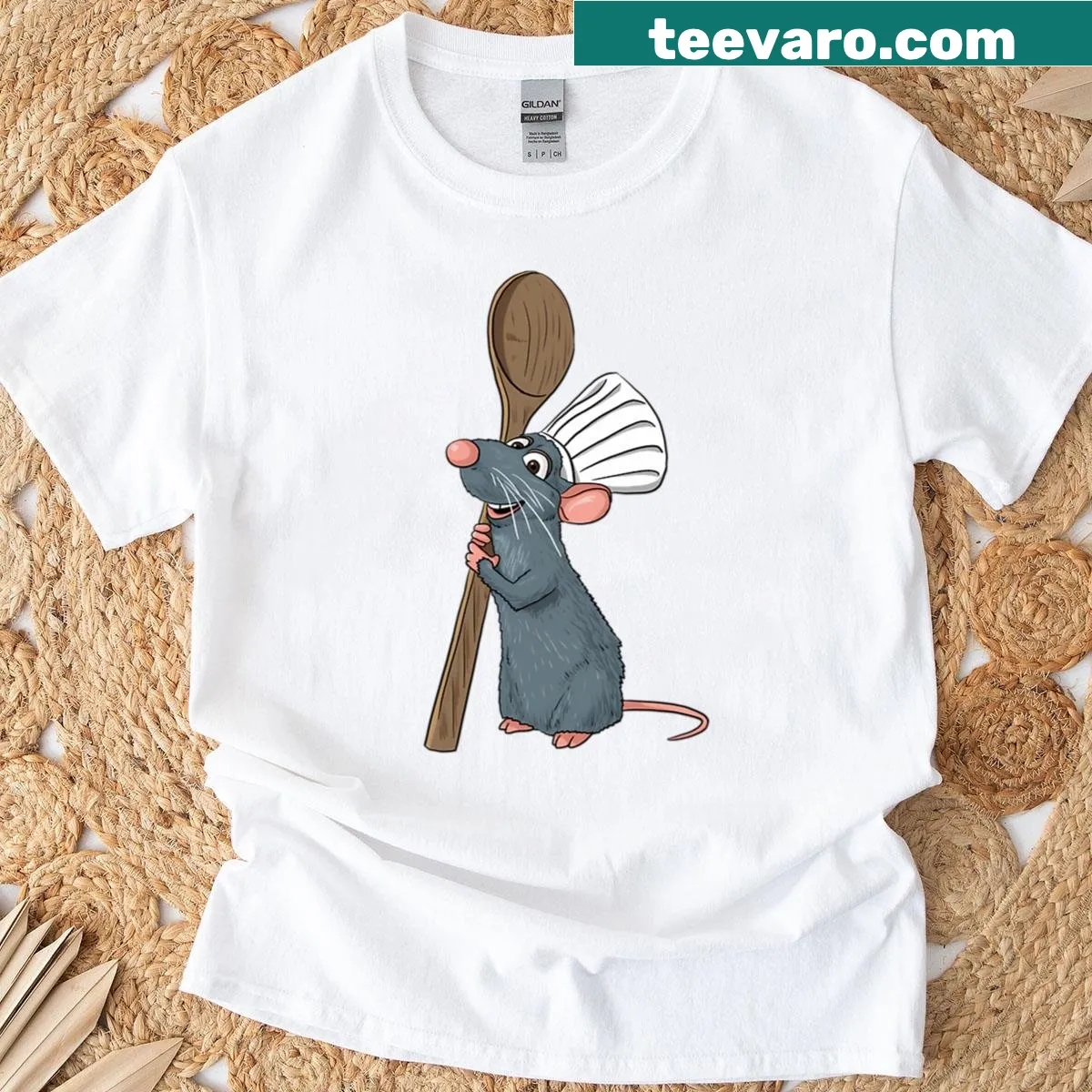 Cartoon graphic of Remy the chef from Ratatouille on a T-shirt — on a men's t-shirt