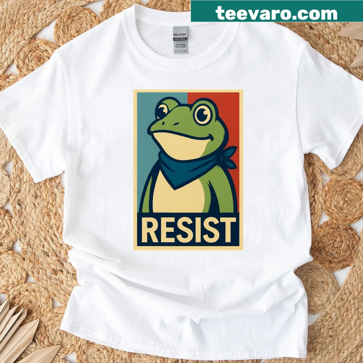 Political propaganda-style T-shirt featuring a frog design — on a men's t-shirt