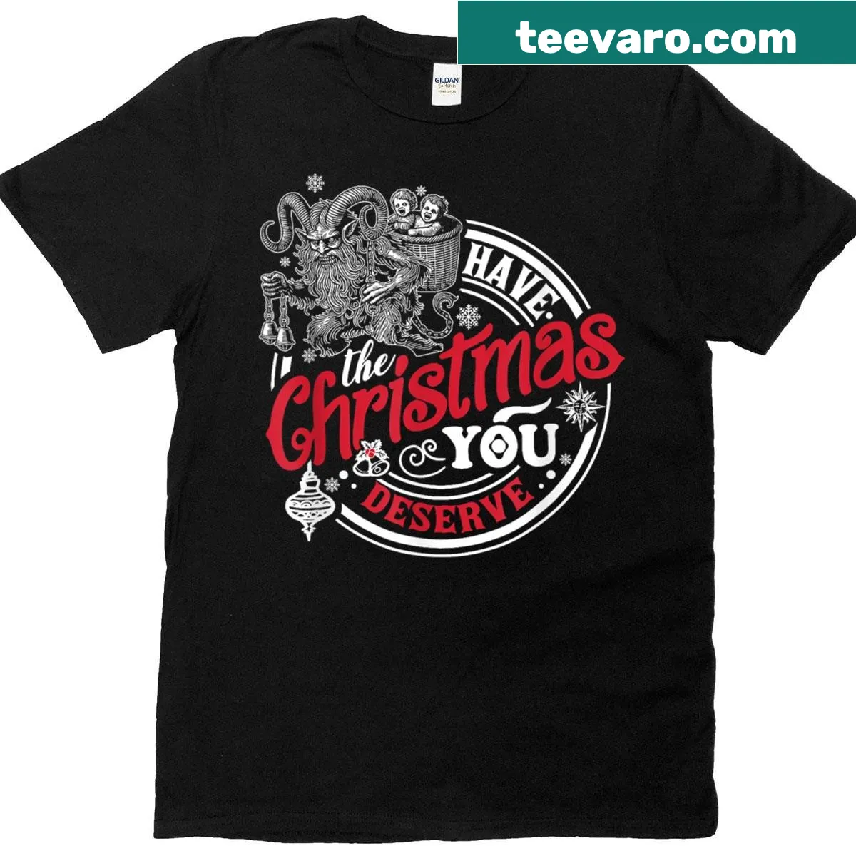 Vintage-distressed T-shirt featuring Krampus and humorous holiday message — on a men's t-shirt