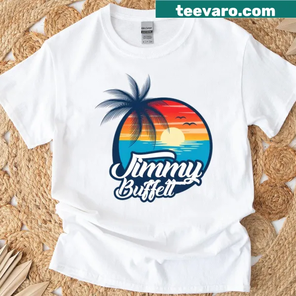 Retro T-shirt honoring Jimmy Buffett with island imagery