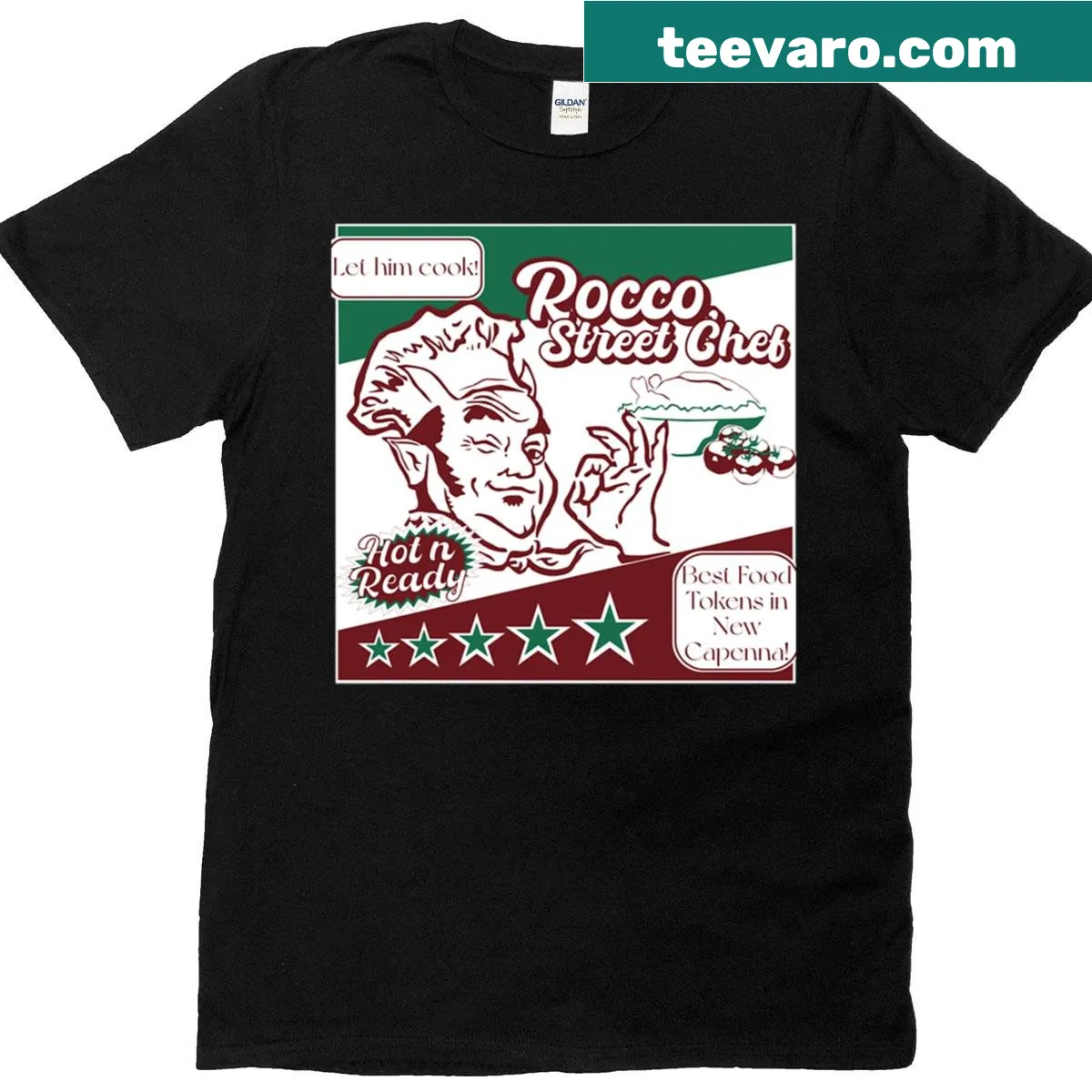 Cartoon-inspired T-shirt with Rocco's street food tokens — on a men's t-shirt
