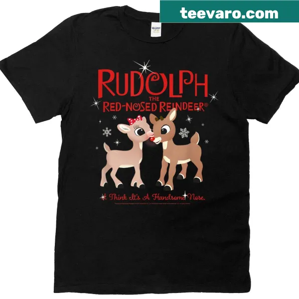 Retro Christmas T-shirt featuring Rudolph and Clarice with a handsome nose graphic