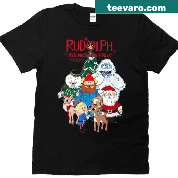 Retro Christmas T-shirt with Rudolph and characters around a tree.