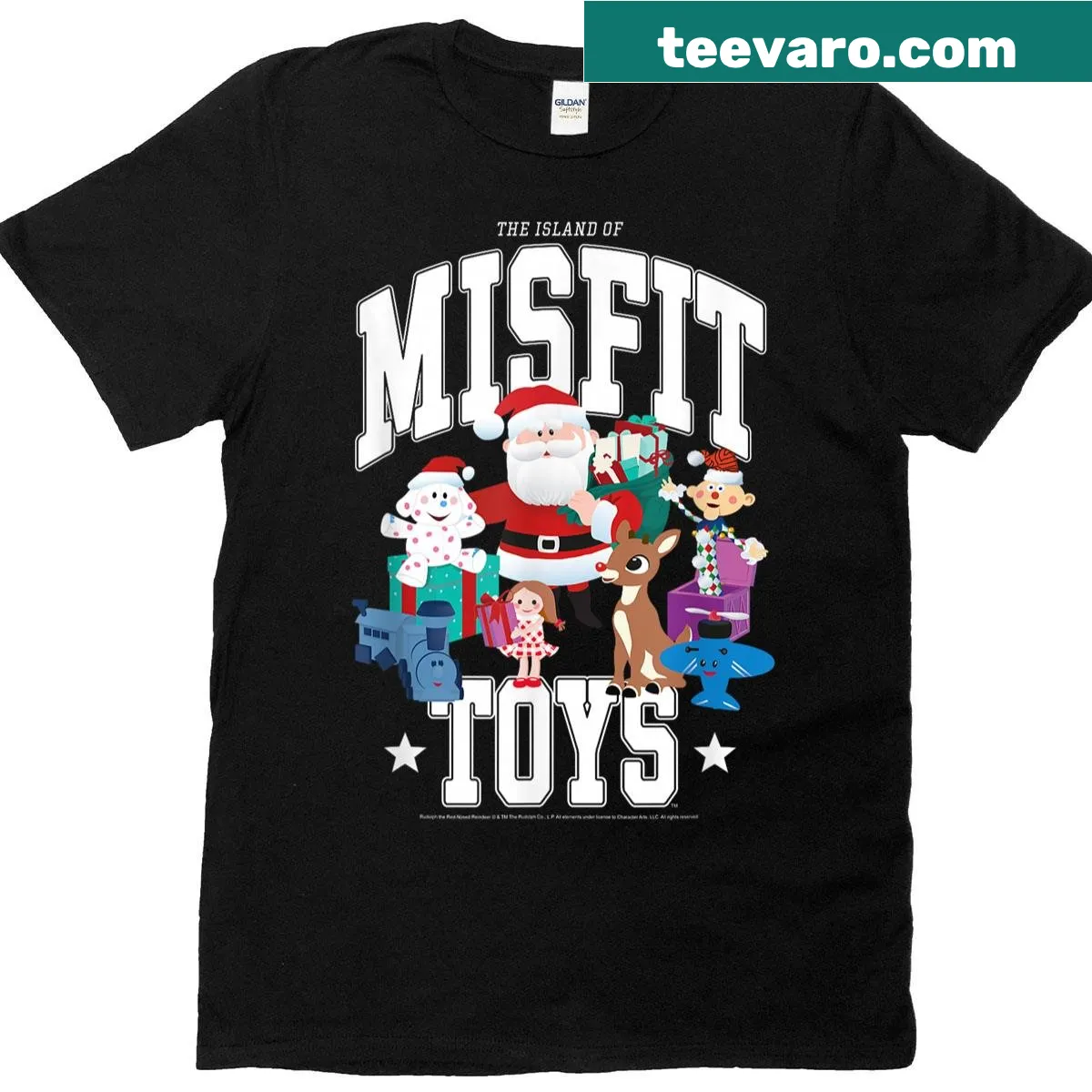 Retro varsity style Rudolph Island Of Misfit Toys T-shirt — on a men's t-shirt