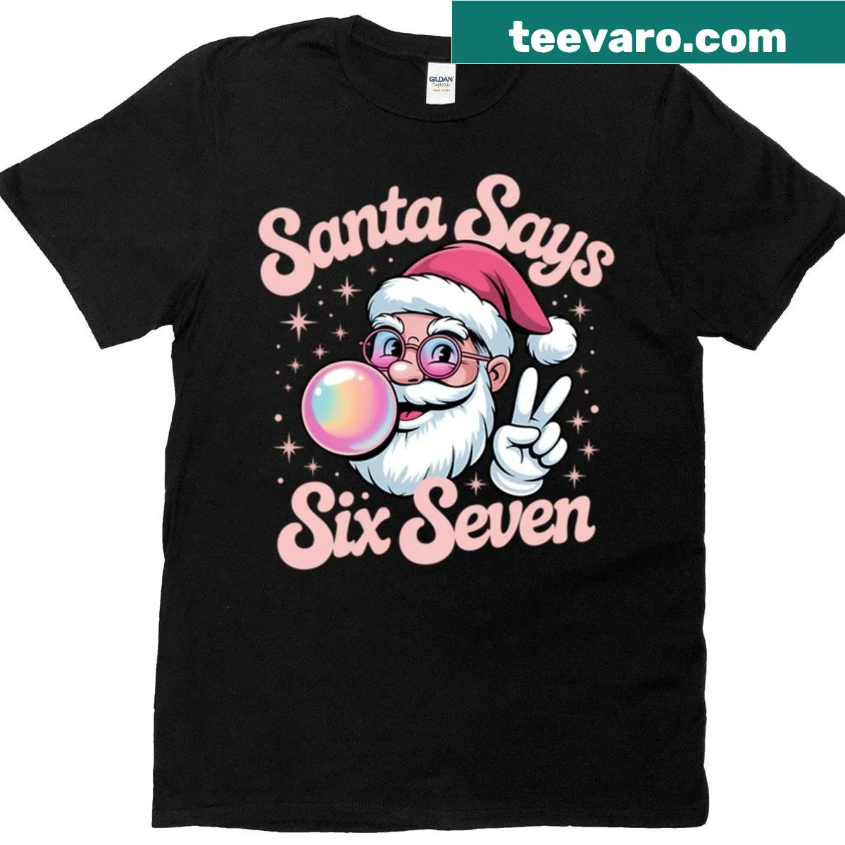 Santa graphic with 'Six Seven Merry Christmas' text on a T-shirt. — on a men's t-shirt