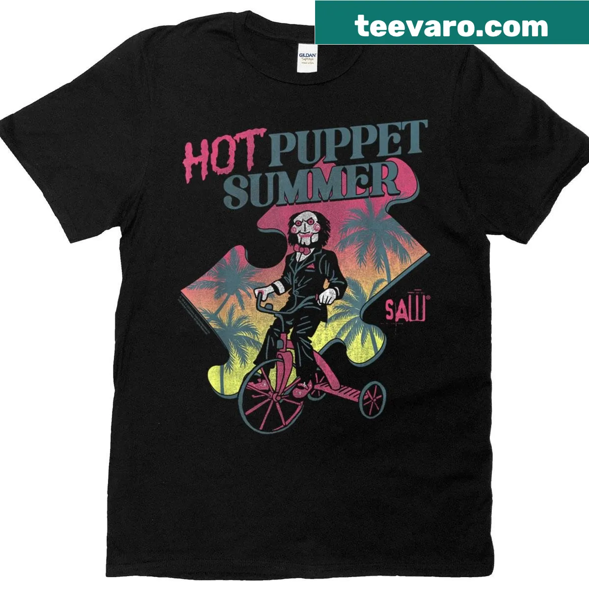 Edgy horror movie T-shirt with puzzle piece design — on a men's t-shirt