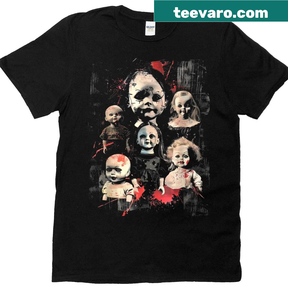 Creepy doll horror t-shirt with haunting illustration — on a men's t-shirt