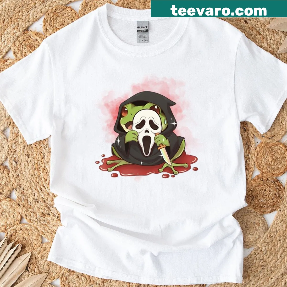 T-shirt with a cartoon screaming frog graphic. — on a men's t-shirt