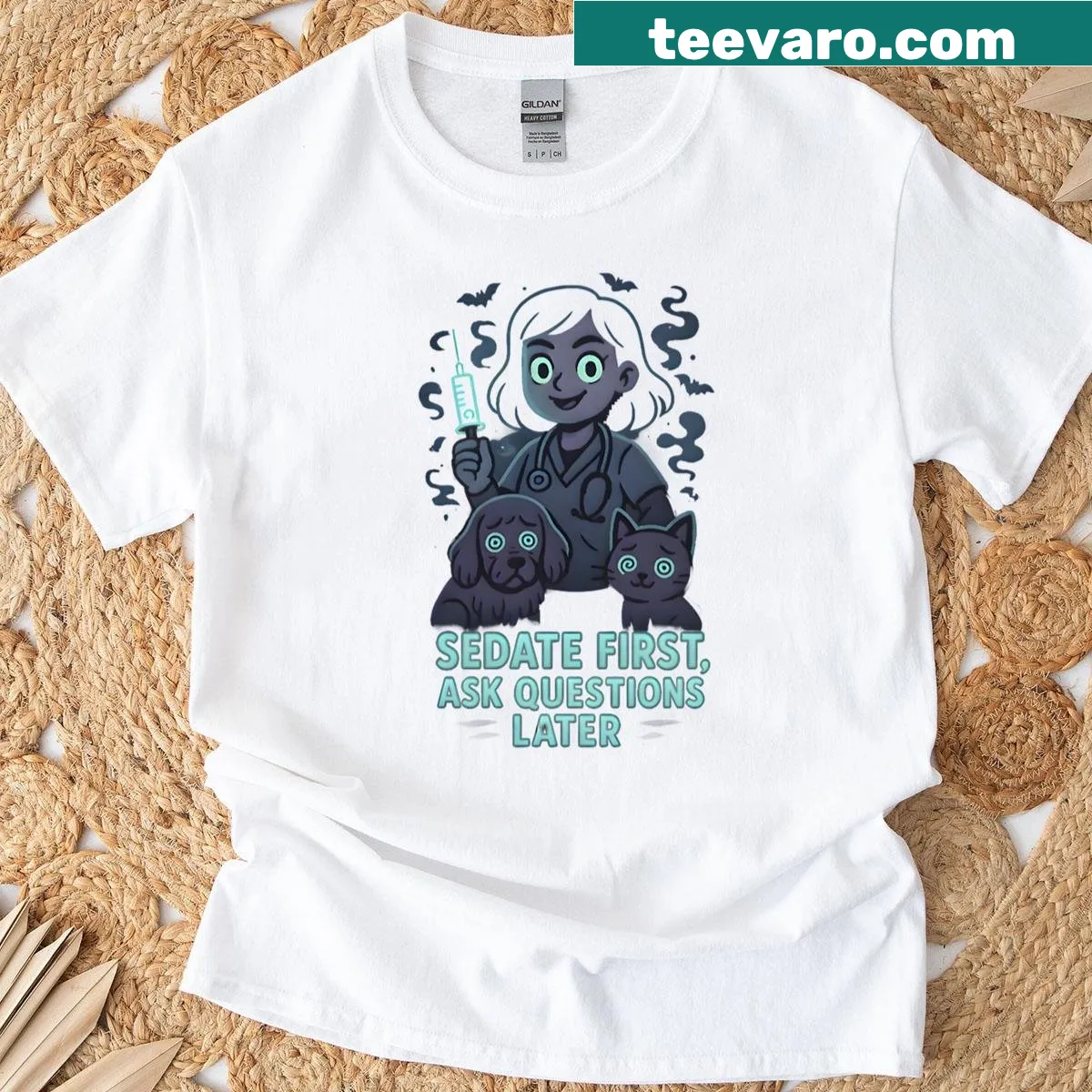 T-shirt with humorous veterinary anesthesia quote — on a men's t-shirt