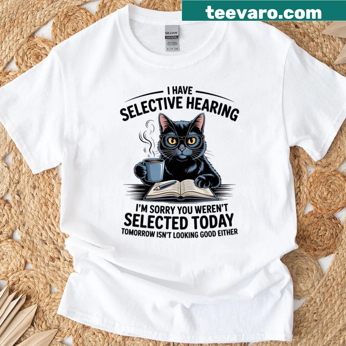 Funny cat design with coffee and the phrase 'Selective Hearing' — on a men's t-shirt