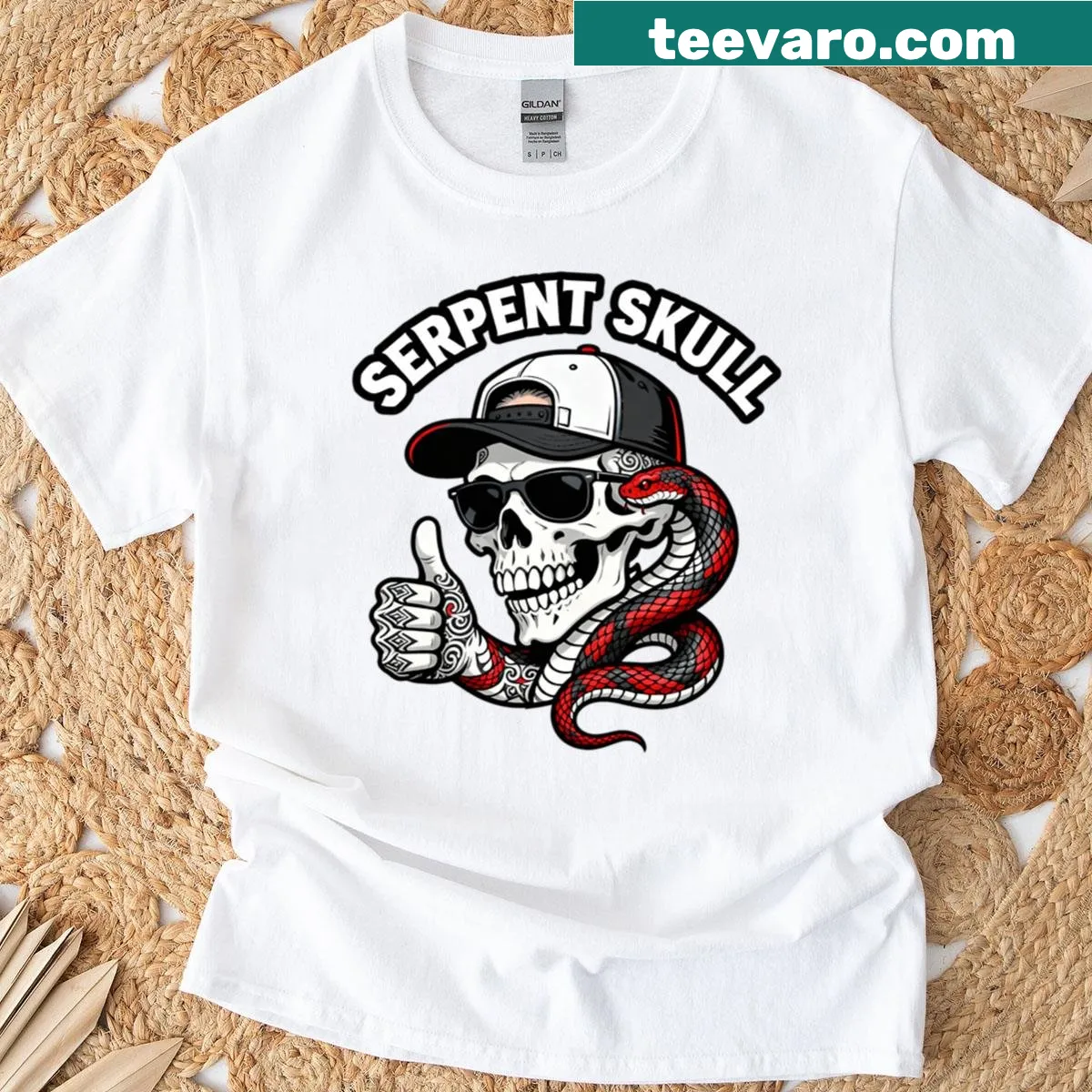 T-shirt with serpent skull tattoo art graphic — on a men's t-shirt