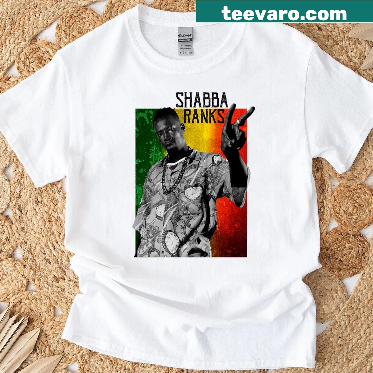 Shabba Ranks T-shirt with bold text design — on a men's t-shirt