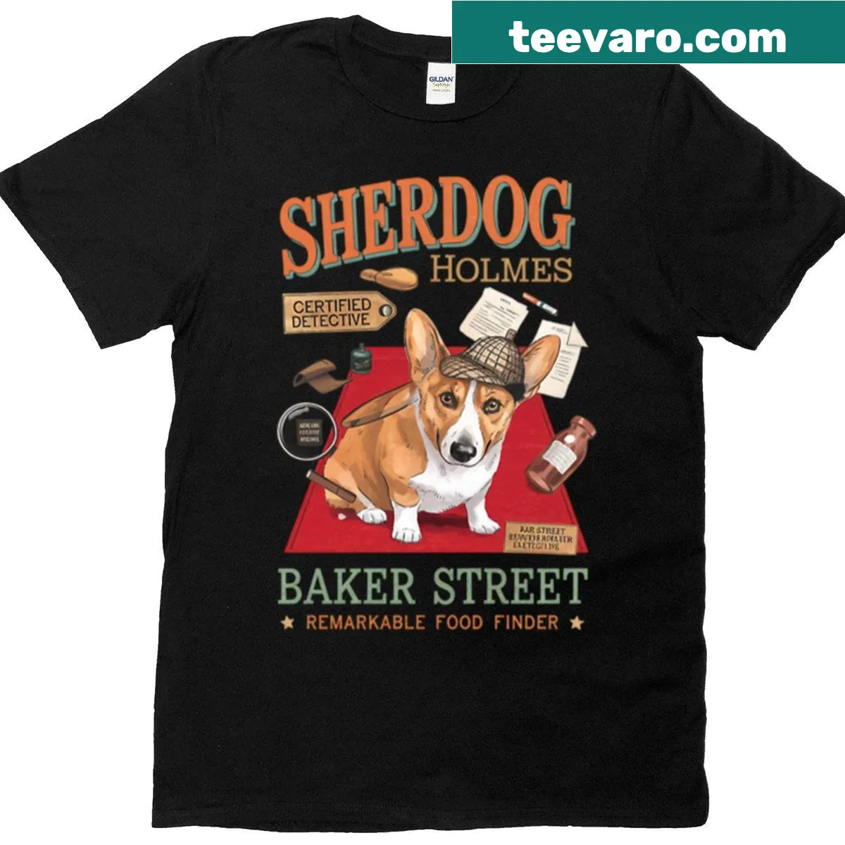 Playful dog detective graphic on a casual T-shirt. — on a men's t-shirt