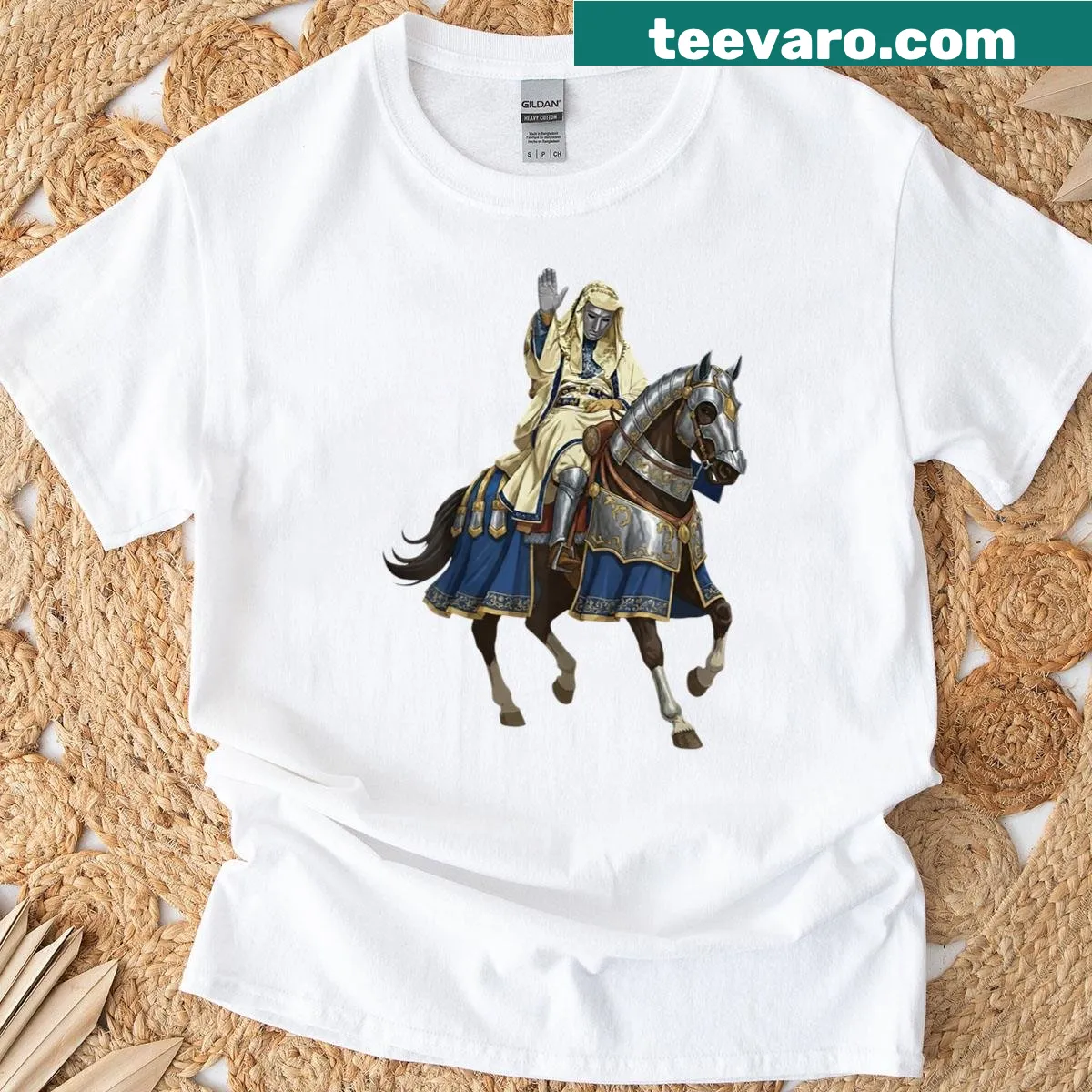 Medieval art T-shirt featuring King Baldwin IV in silver mask — on a men's t-shirt