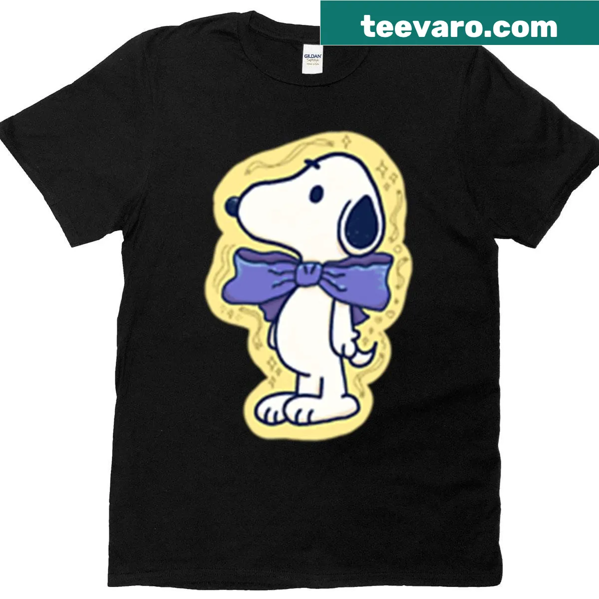 Illustration of Snoopy with a ribbon on a playful dog-themed t-shirt — on a men's t-shirt