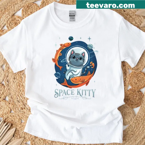 Illustrated cat astronaut on Space Kitty Explorer t-shirt