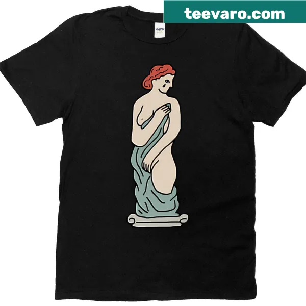 Artistic t-shirt featuring a design of a sad woman statue