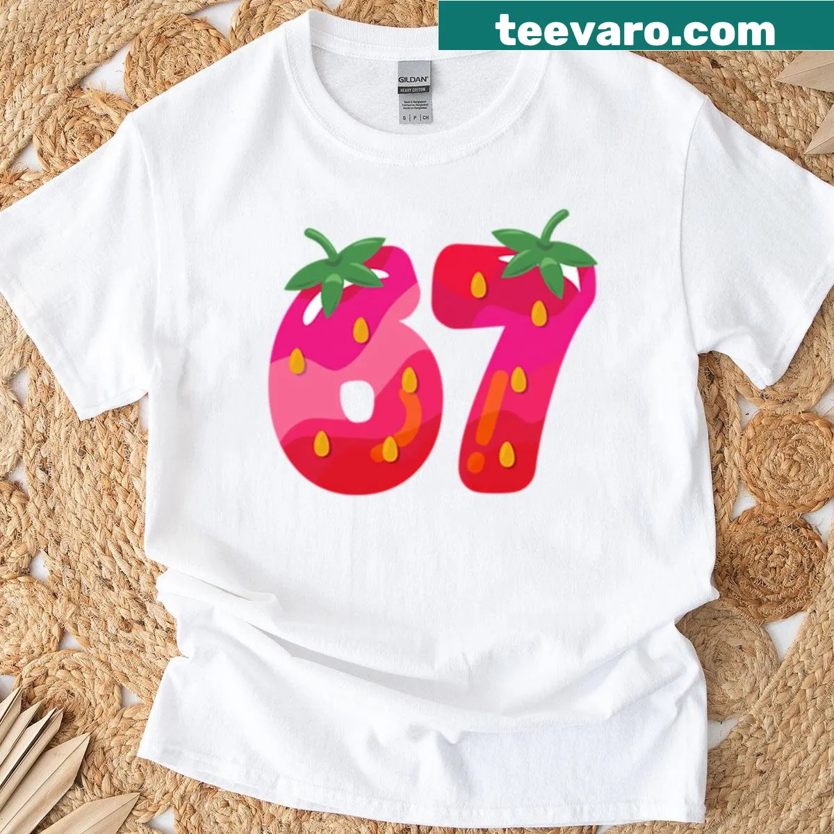 Playful typography t-shirt with the phrase Strawberry 67 for birthdays — on a men's t-shirt