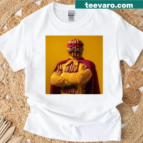 Whimsical illustration of Super Sausages Man on T-shirt