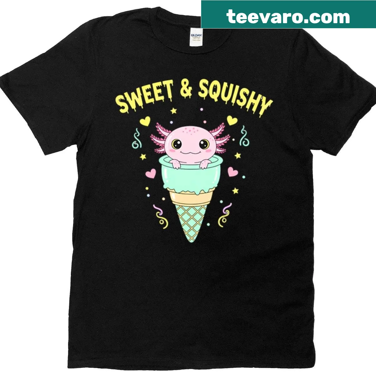 Kawaii graphic t-shirt depicting a cute axolotl with an ice cream treat. — on a men's t-shirt