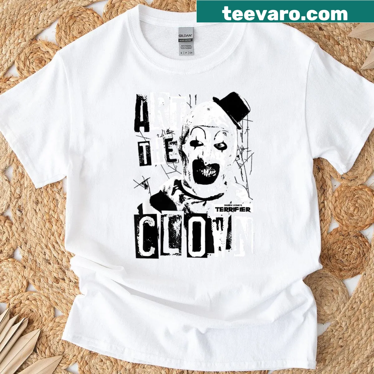 Horror t-shirt featuring Terrifier clown with a bloody face — on a men's t-shirt