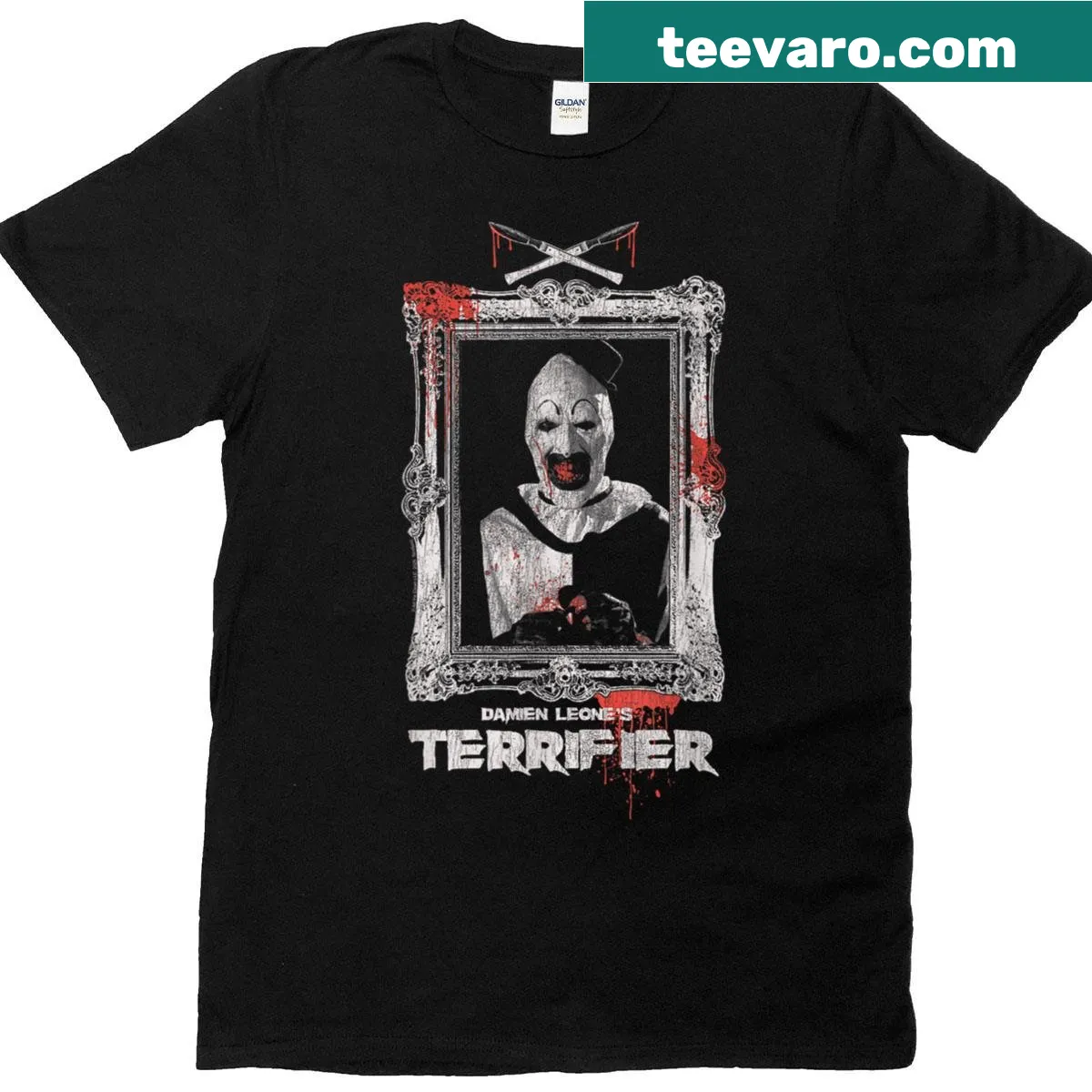 Horror t-shirt featuring Terrifier clown art in a bloody design — on a men's t-shirt