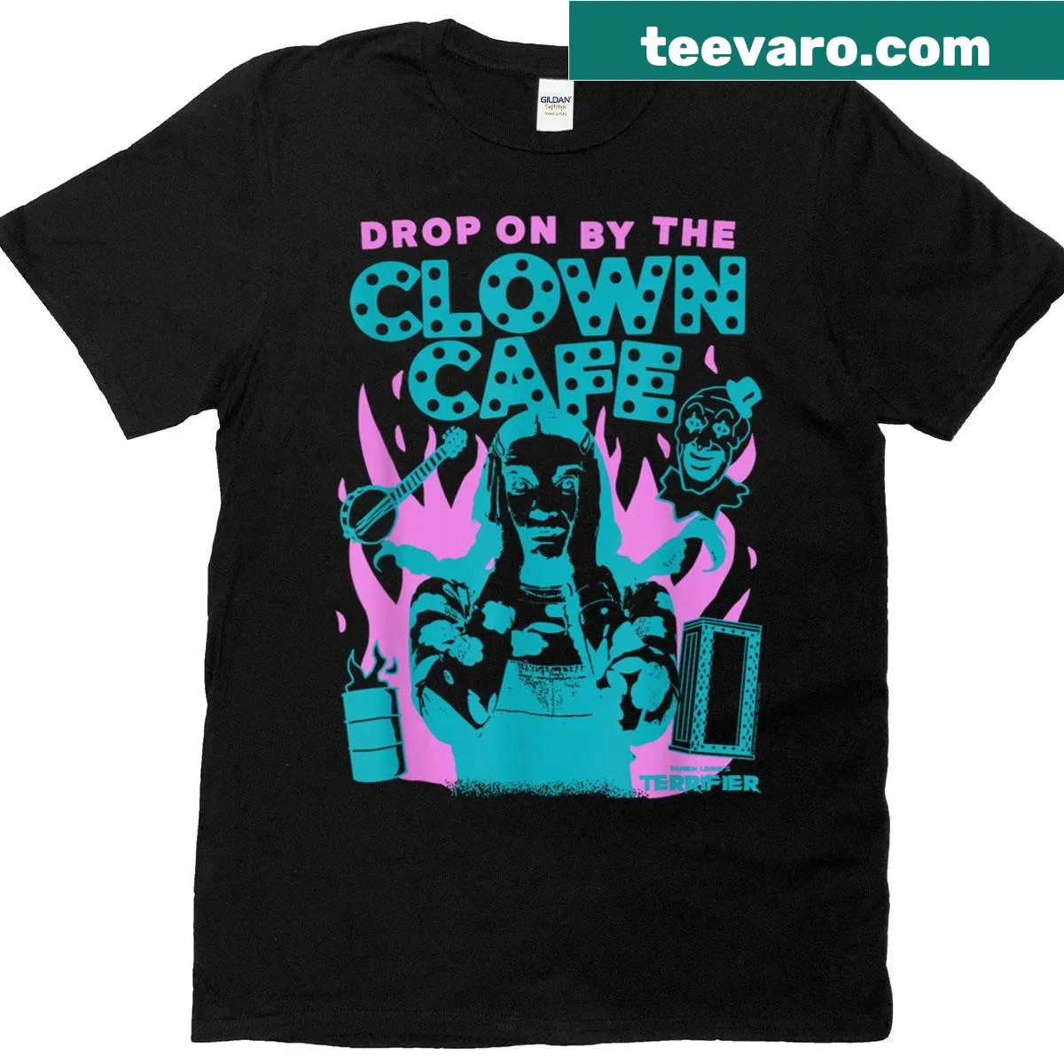 Cartoon design of Clown Cafe with pastel colors on horror-themed t-shirt — on a men's t-shirt