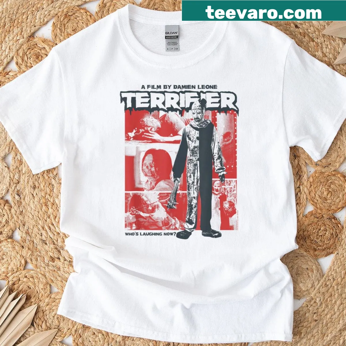 Terrifier inspired two-tone art collage t-shirt, horror theme — on a men's t-shirt
