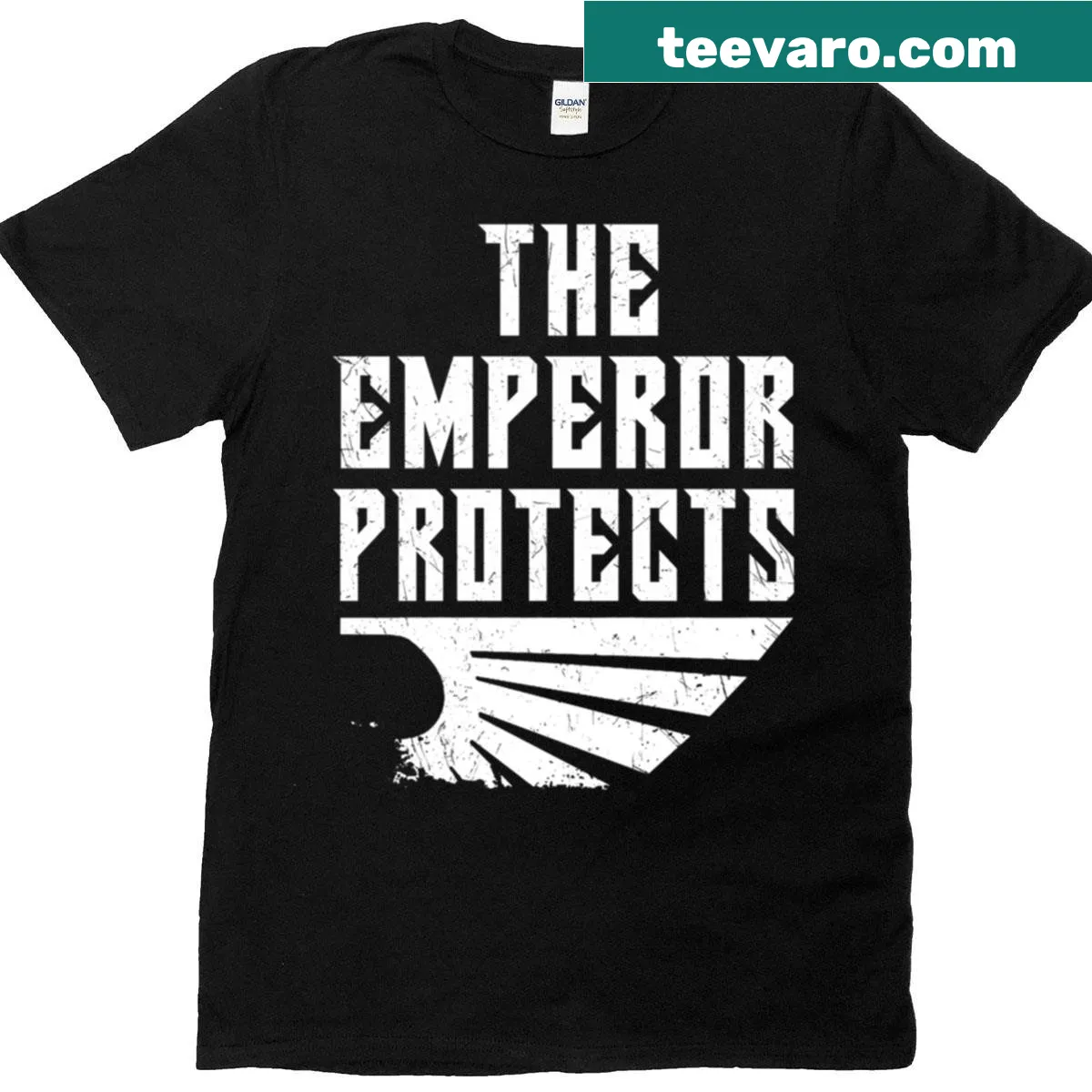 Typographic design featuring 'The Emperor Protects' on a sci-fi gaming t-shirt — on a men's t-shirt