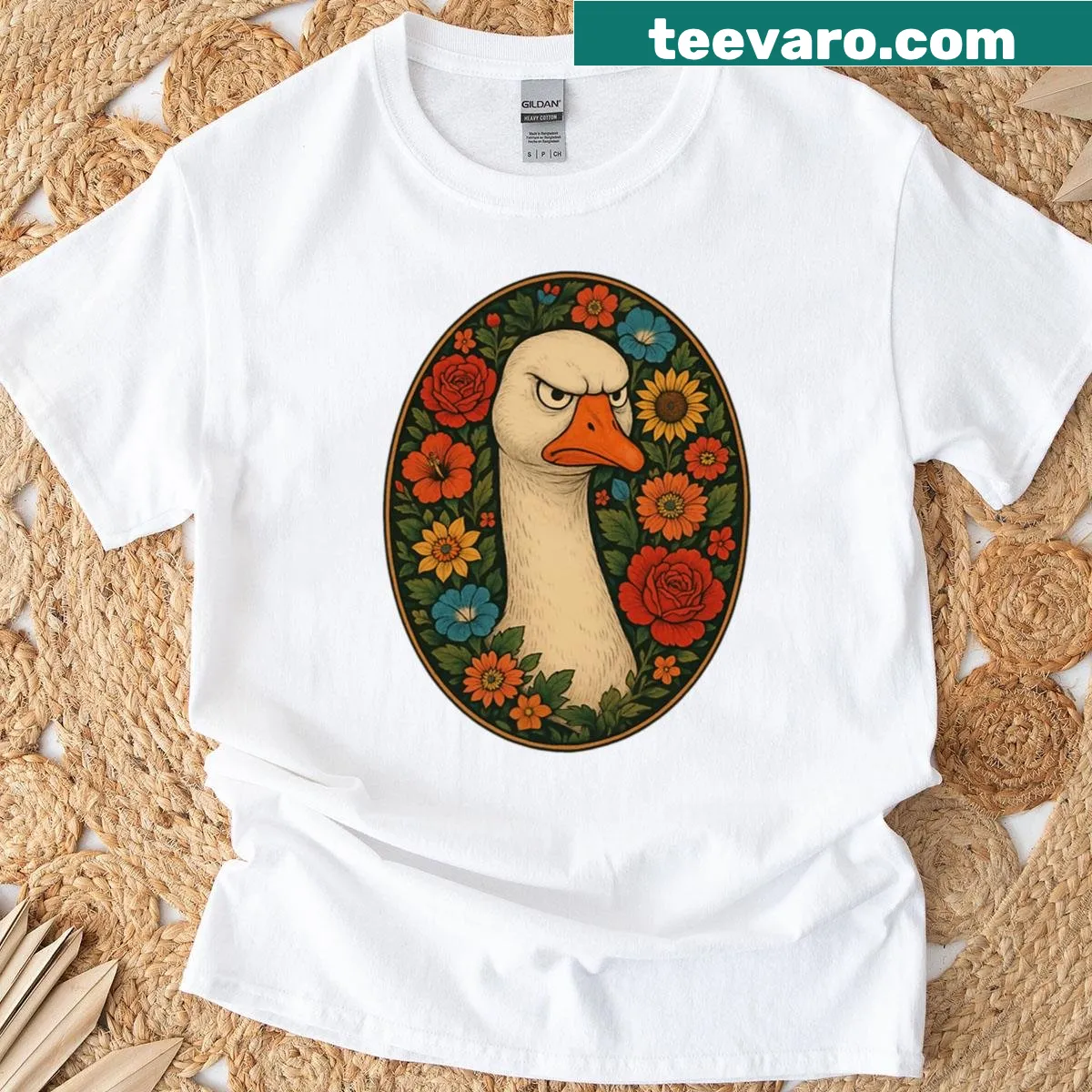 Humorous T-shirt featuring a goose and judgment theme — on a men's t-shirt