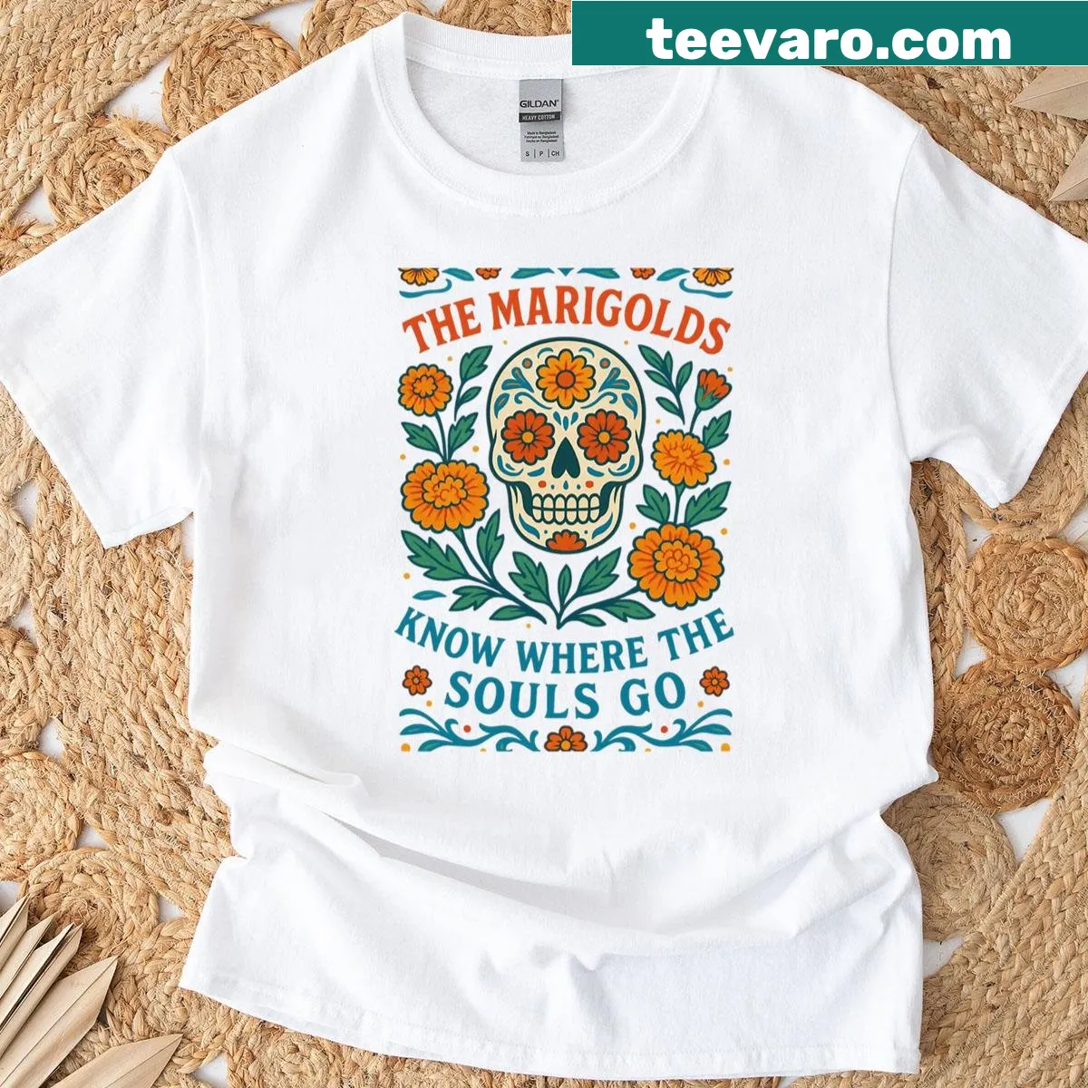Surreal T-shirt featuring marigolds and spiritual elements — on a men's t-shirt