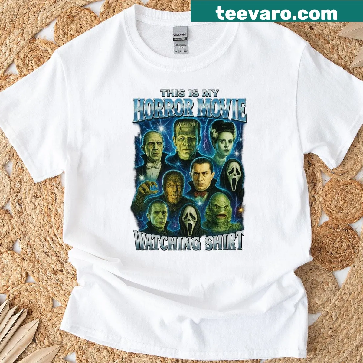Vintage-style T-shirt featuring classic horror movie monsters — on a men's t-shirt