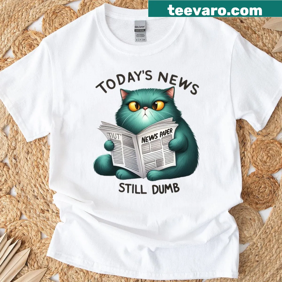 Text graphic stating 'Today's News Is Still Stupid' on a casual t-shirt — on a men's t-shirt
