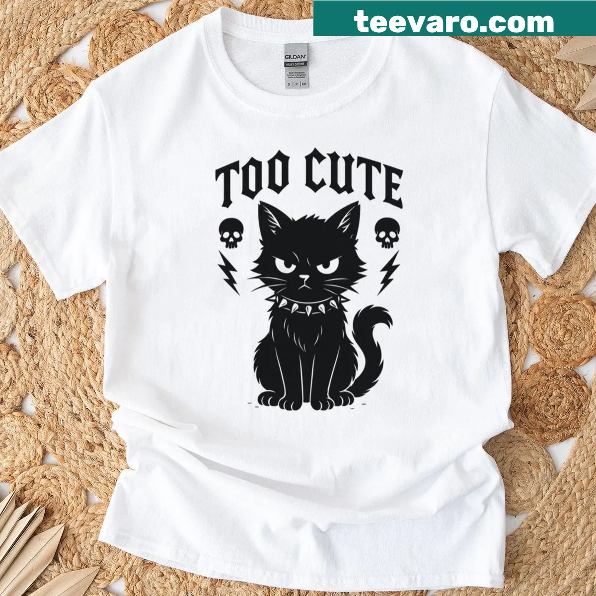 Funny cat design with the phrase 'Too Cute To Care' — on a men's t-shirt