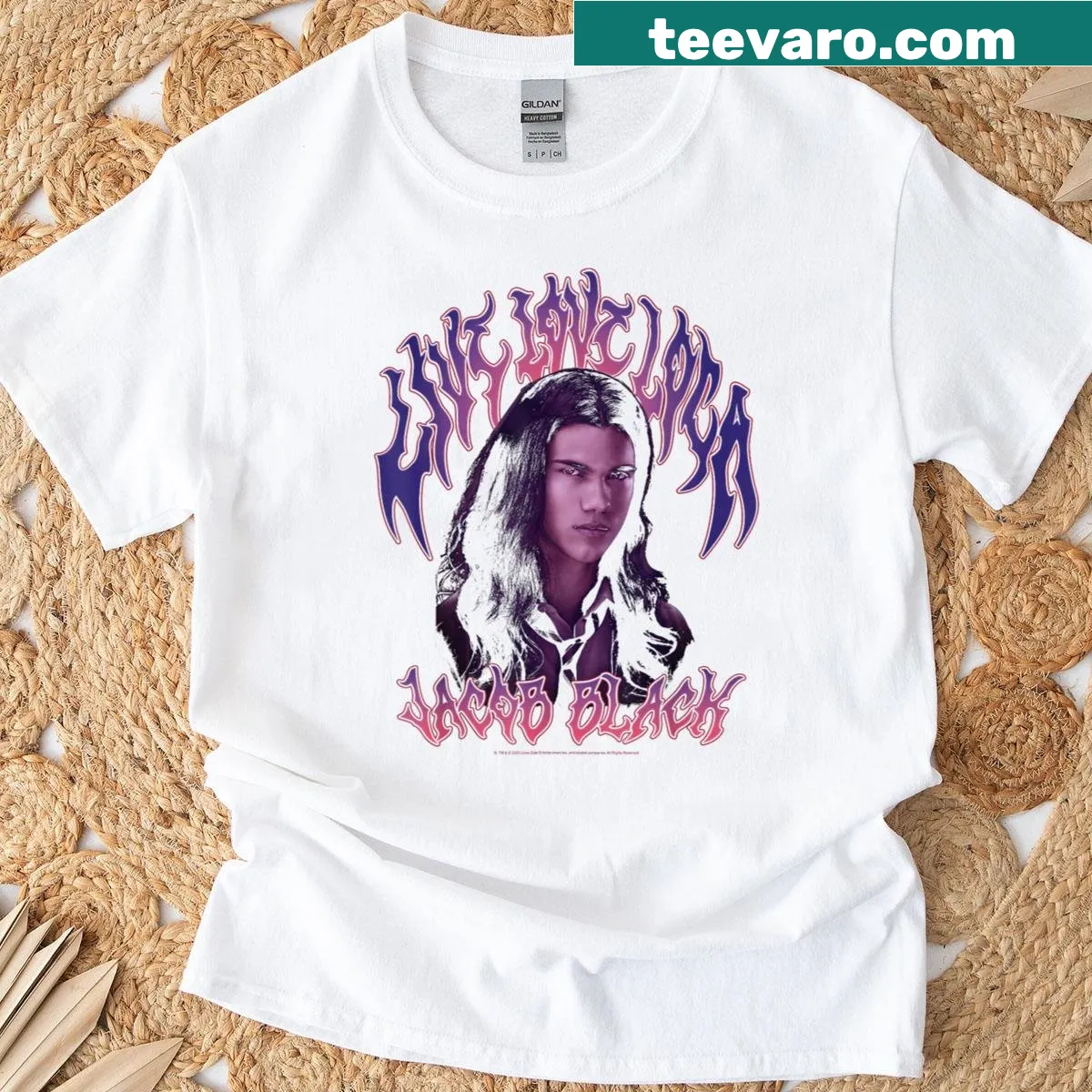 Bold graphic tee featuring Jacob from Twilight with heavy metal vibes. — on a men's t-shirt