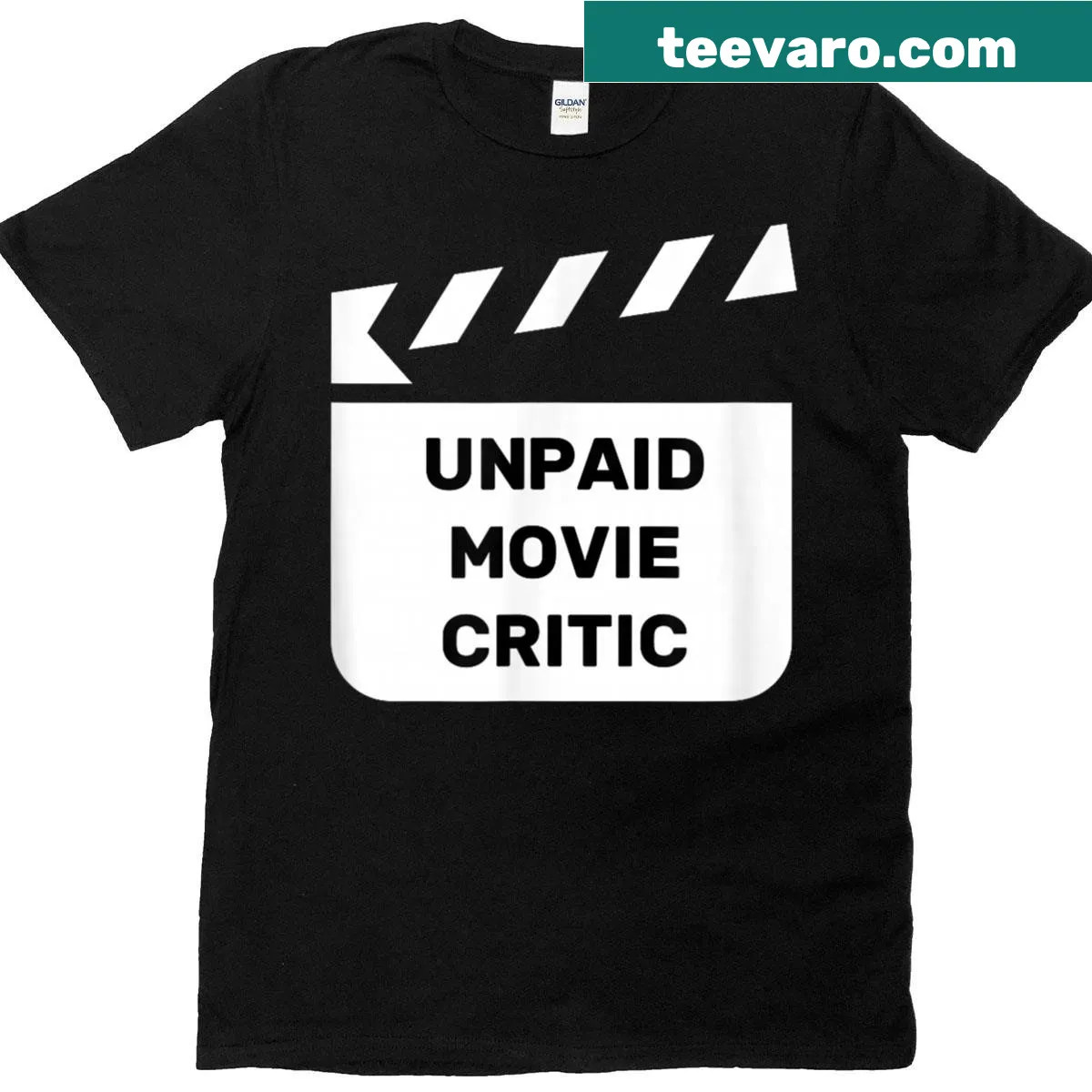 Funny t-shirt with 'Unpaid Movie Critic' text — on a men's t-shirt