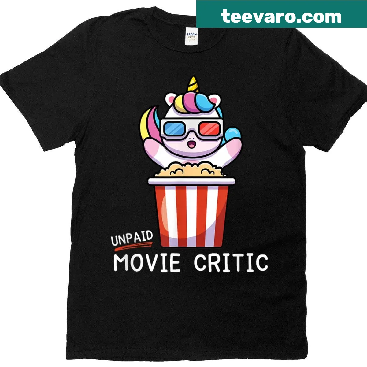Funny t-shirt with 'Unpaid Movie Critic Unicorn' text — on a men's t-shirt