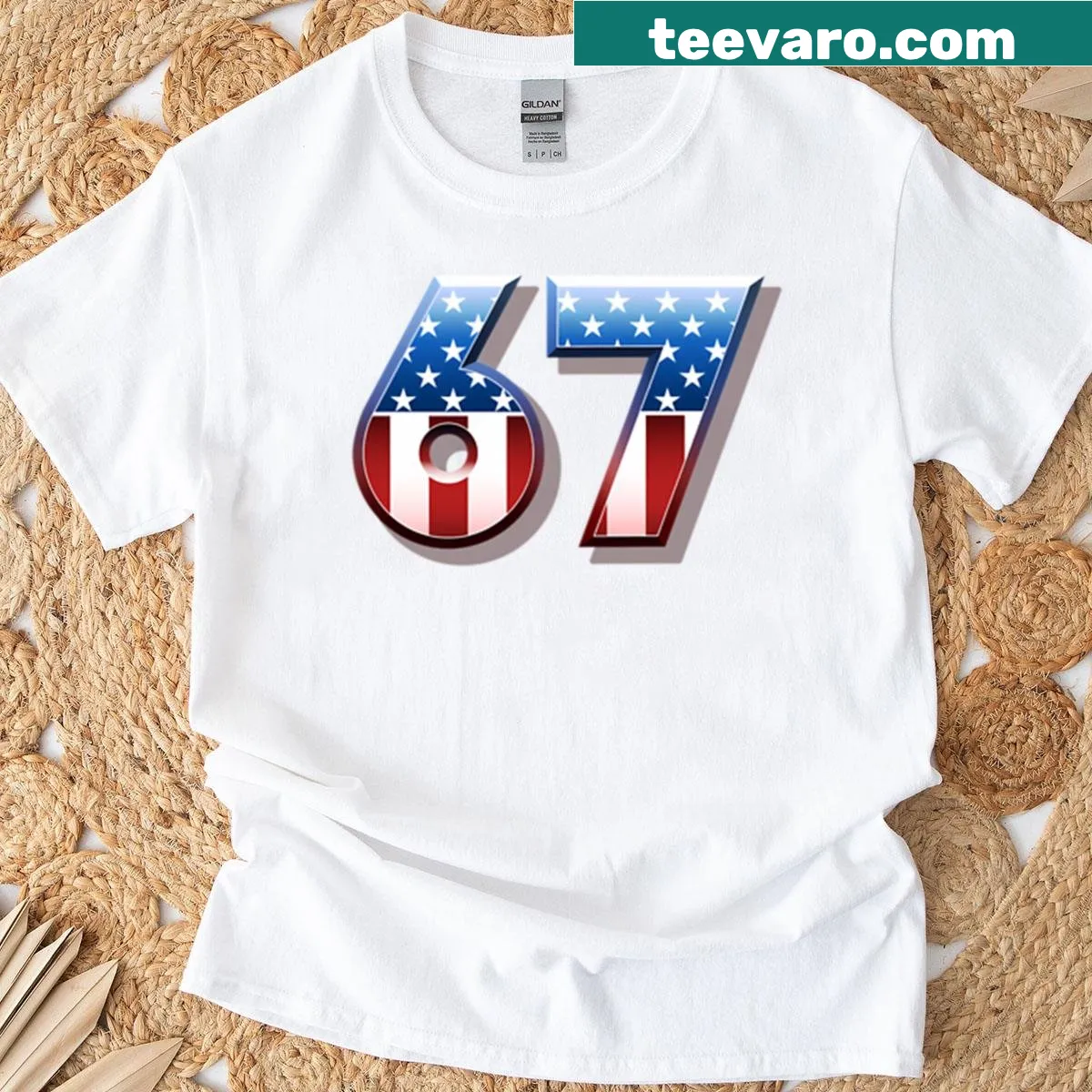 Vintage-style t-shirt featuring USA flag and the number 67 — on a men's t-shirt