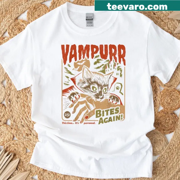 Vintage graphic tee with a vampire cat design for Halloween.