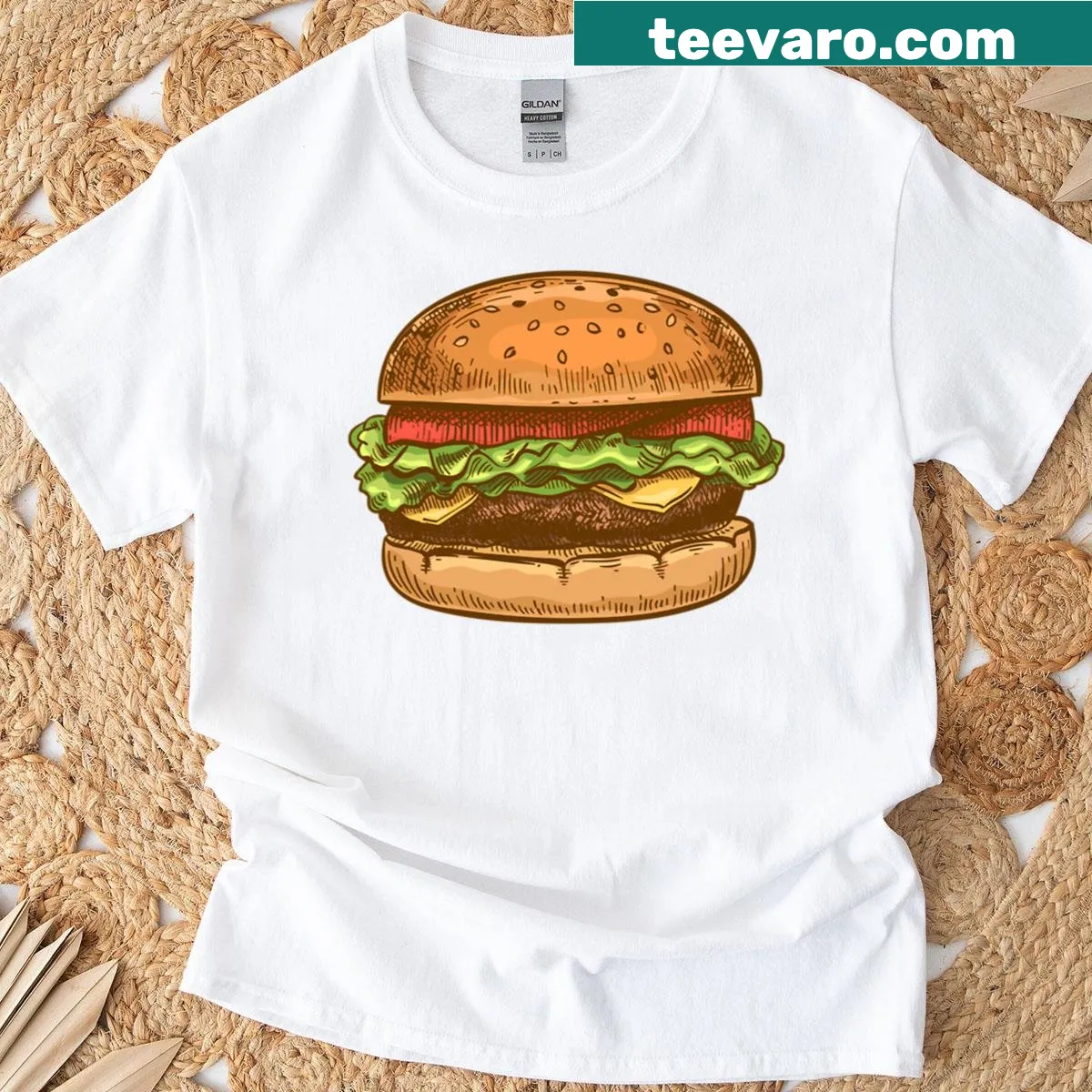 Juicy burger illustration on a fun T-shirt design — on a men's t-shirt