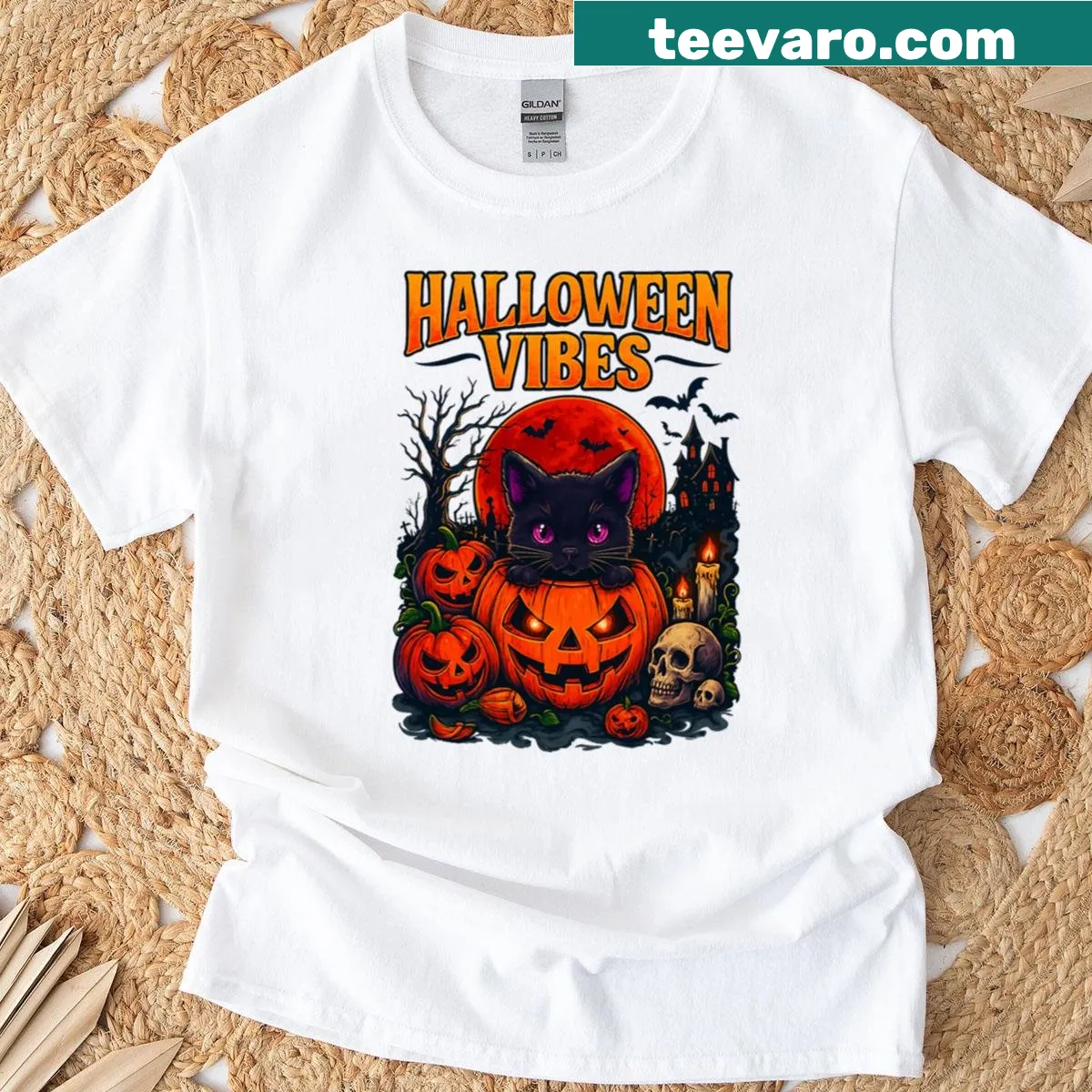 Vintage Halloween pumpkin scene in a nostalgic design. — on a men's t-shirt