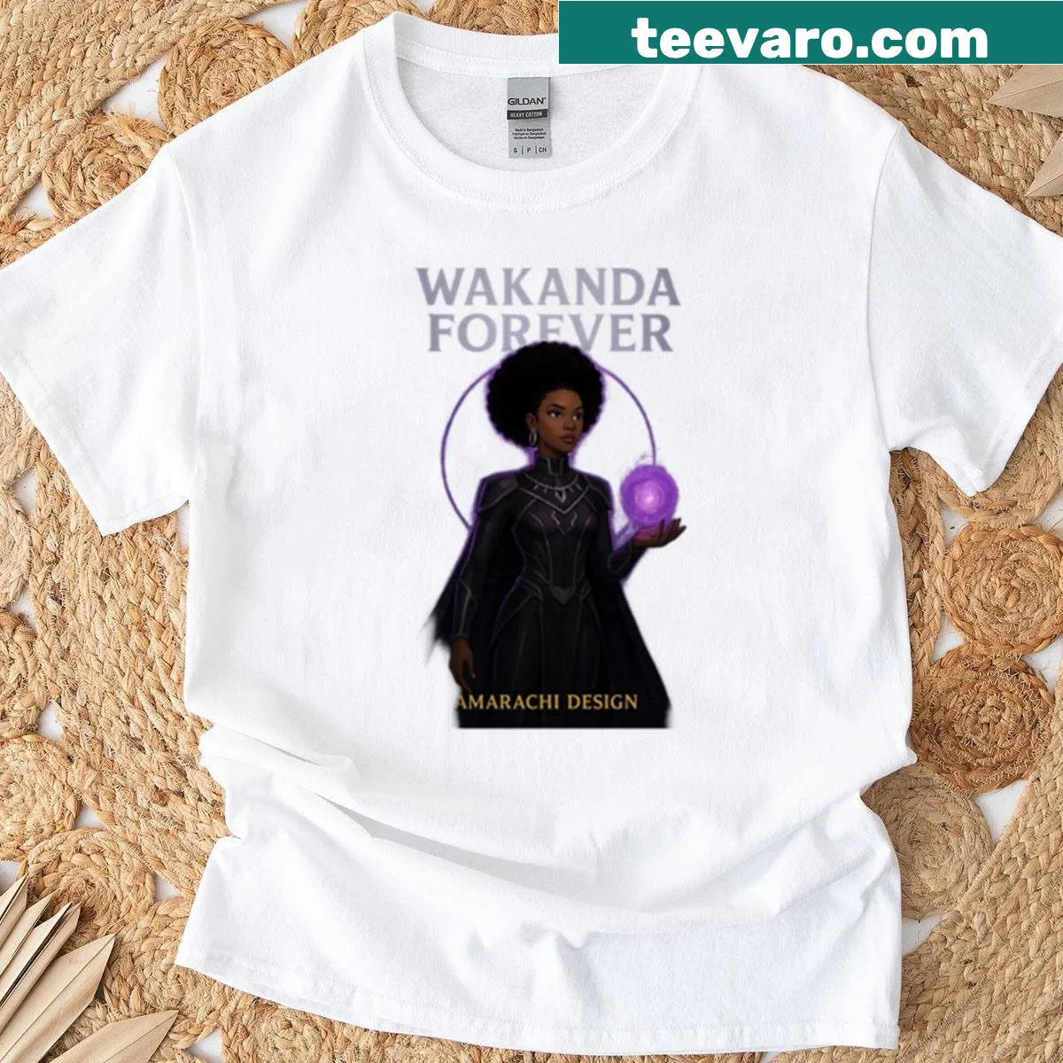 T-shirt celebrating Afro-futurism with 'Wakanda Forever' theme — on a men's t-shirt