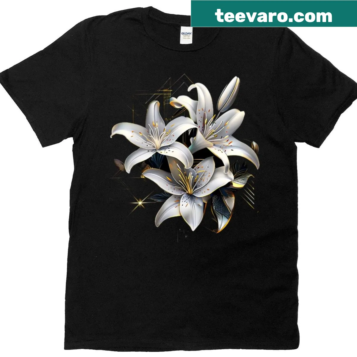 Lily flower illustration with chrome and gold accents on a black background — on a men's t-shirt