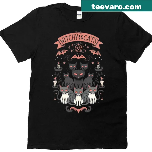 Cartoon design of cats in witch hats around a cauldron on a T-shirt