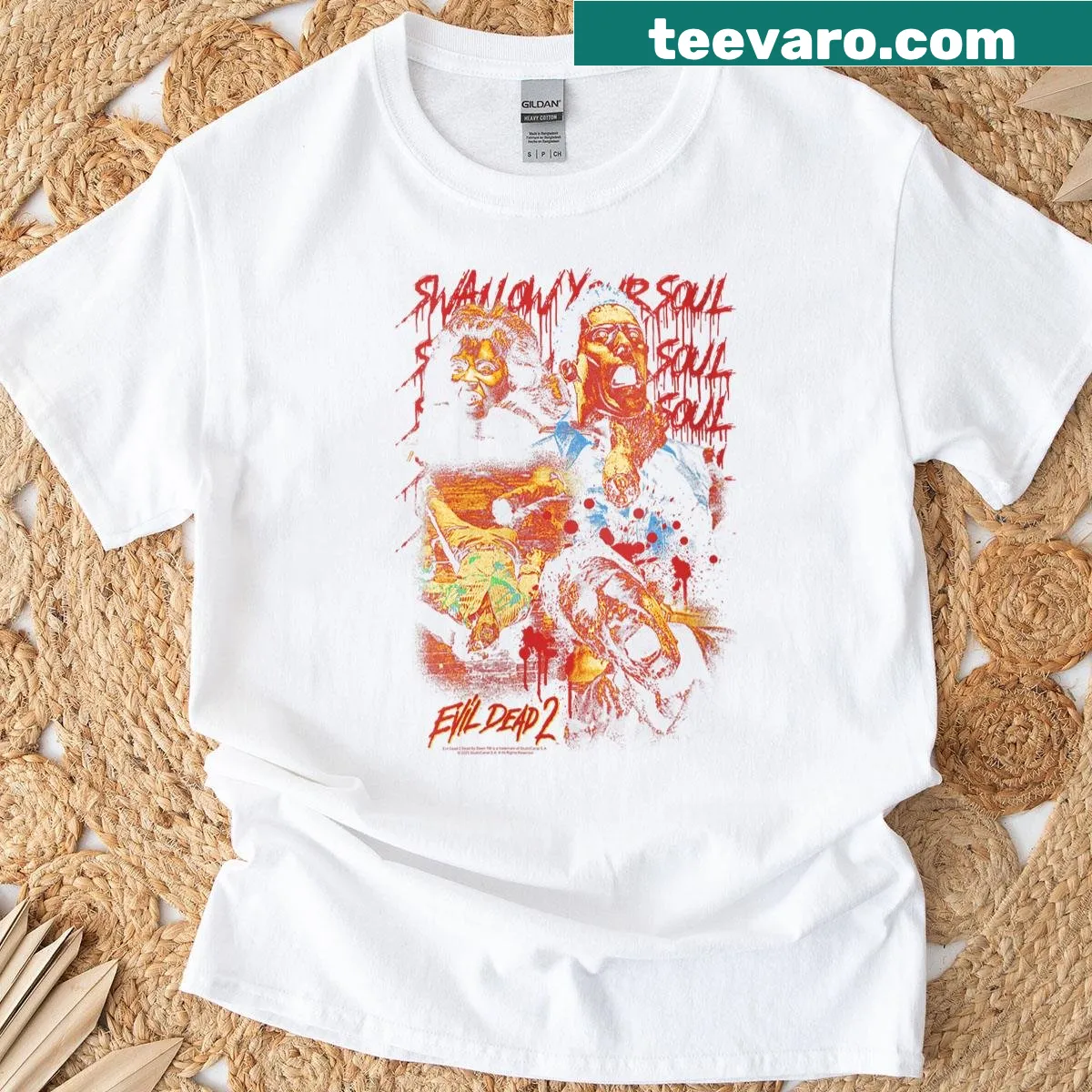 Horror movie t-shirt featuring 'Evil Dead 2 Swallow Your Soul' design — on a men's t-shirt