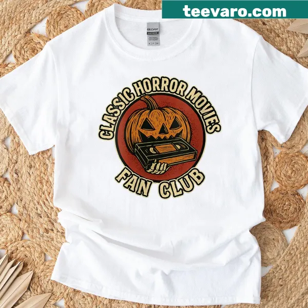 Vintage style tee featuring a pumpkin and VHS design for horror movie fans