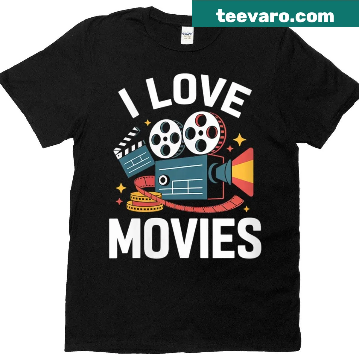 I Love Movies T-shirt with film reel and camera clapper graphic — on a men's t-shirt