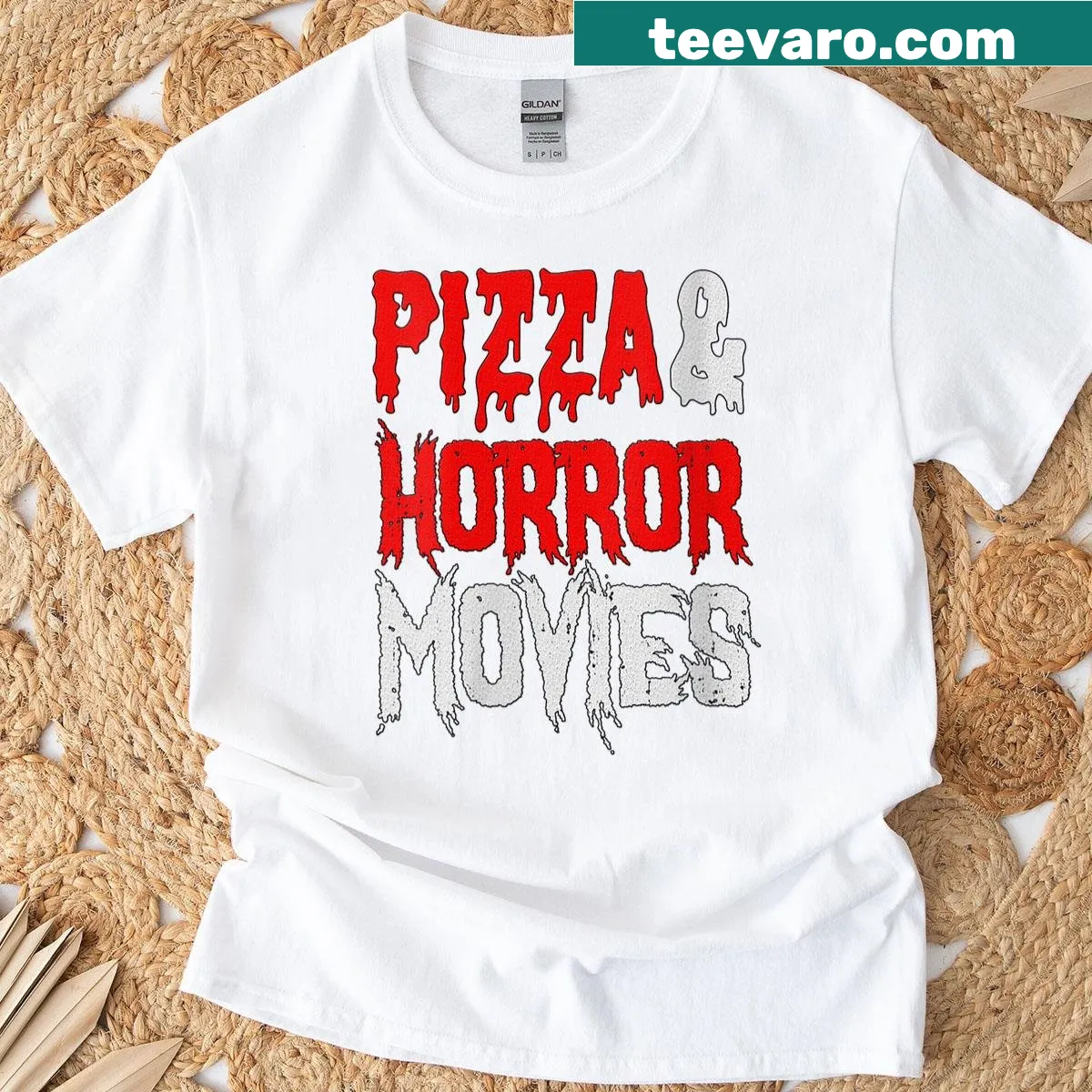 Funny graphic T-shirt combining pizza and horror movie themes — on a men's t-shirt