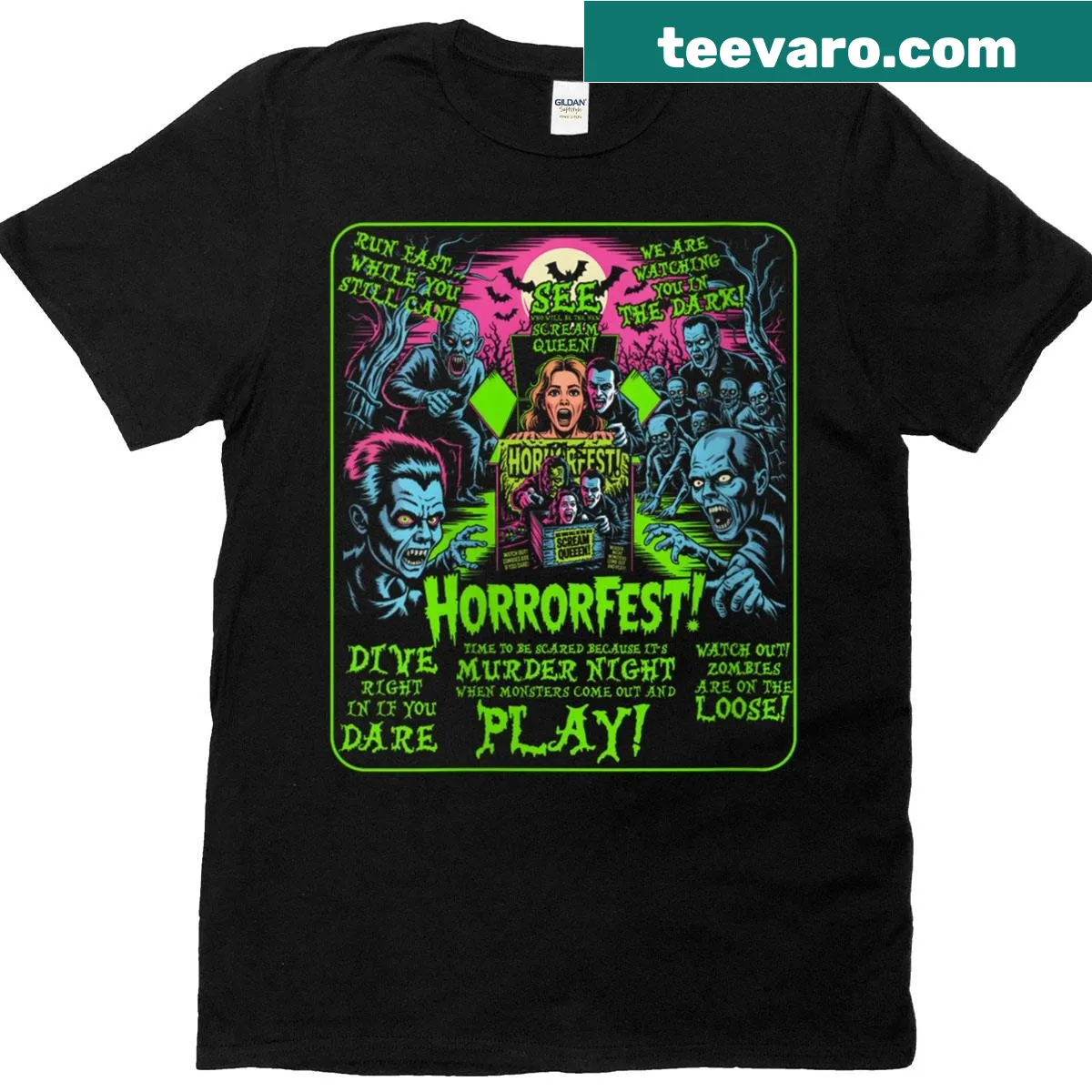 Vintage T-shirt for women featuring Horrorfest poster design for Halloween — on a men's t-shirt